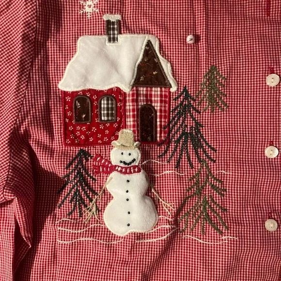 Karen Scott Vintage Red Gingham Christmas Shirt XL Embroidered Snowman Reindeer - Picture 3 of 6